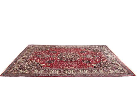 Large eastern carpet decorated with animals and birds on red blue and cream ground, 344cm x 247cmWe cannot confirm the brand 