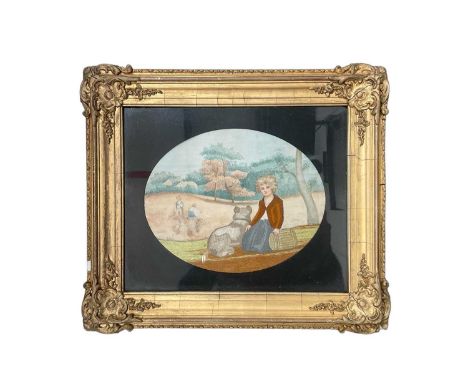 Small Georgian silk and woolwork picture of young girl in field with dog during harvest, together with classical Georgian cir