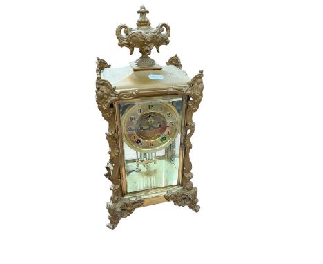 Edwardian Ansonia patent four glass mantel clock in gilt metal case, 41cm in overall height.
