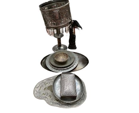 Group of miscellaneous Middle Eastern and other metalwares to include cigarette box, lamp and other items.