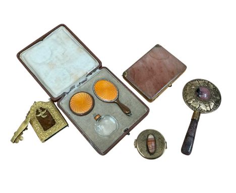 Miniature enamelled dressing table set, cased, onyx snuff box, Chinese mirror, other vertu items