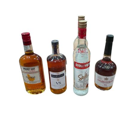 Group of different spirits, containing Vodka, Cognac and Rum