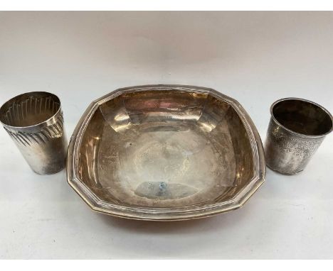 Antique French white metal dish, French silver tumbler (Minerva hallmark) and one other (3)