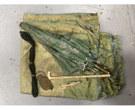Bone handled parasol, Indian silk sari, miser's purse and a knitted steel bead coin purse.Parasol silk has degraded and there