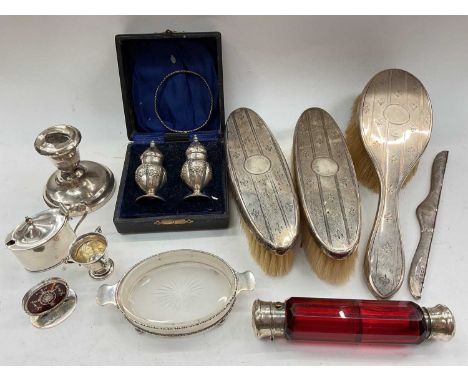 Group of silver to include dressing table items, ruby glass double ended scent bottle, tortoiseshell menu holder, condiments 