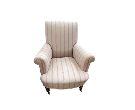 Victorian deep armchair with striped upholstery on mahogany turned front legsGood sturdy condition, some minor marks , 92 cm 