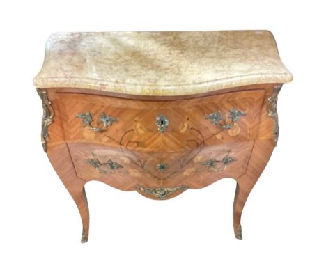 Louis XV style petit bombe commode chest with marble top and ormolu mounts, 85cm wide, 42.5cm deep, 86cm high