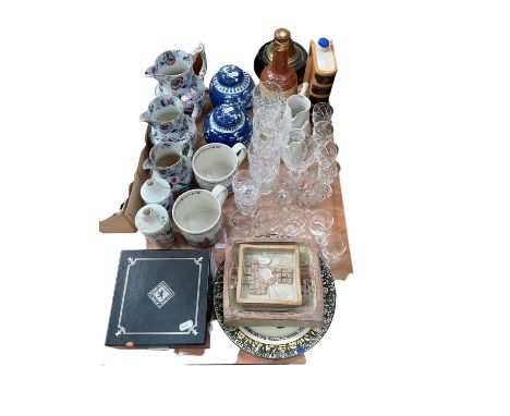 Graduated set of three Victorian jugs, pair of prunus jars and covers, cut glass ware, Bernard Rooke wall panels and other it