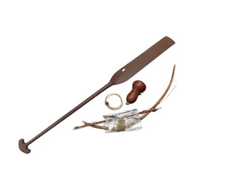Oceanic tribal paddle (possibly Fijian), Pigmy bow with arrows, wild boar tusk native adornment, gourd shaped fruit bottle