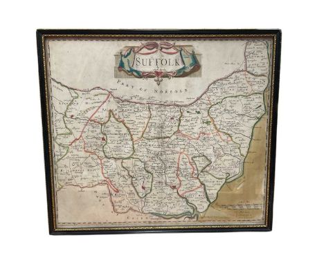 18th century hand tinted engraved map of Suffolk by Robert Morden, 36 x 41cm, in glazed frame