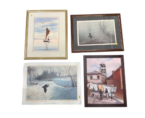 Three Julian Novorol signed prints (one unframed). together with a marine watercolour and a street scene (5).
