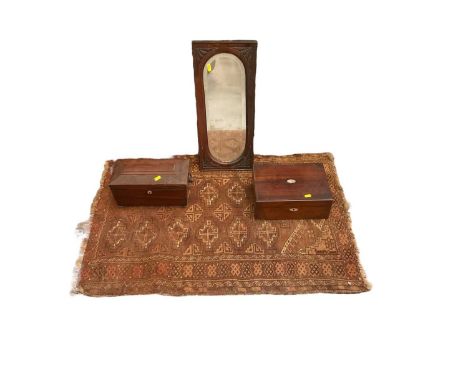 Rosewood tea caddy in the form of a sarcophagus together with a writing slope, a carved mahogany mirror approximately 25cm x 