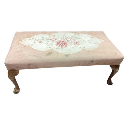 Long footstool with floral upholstery on cabriole legs with claw and ball feet104 long, 54 cm deep, 40cm high, seat 40 cm hig