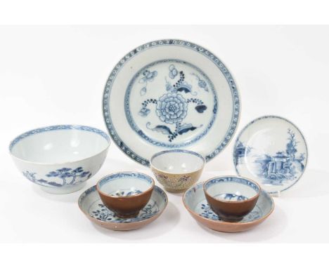 Group of 18th century Chinese porcelain, including two Batavian ware tea bowls and saucers, a similar cafe au lait tea bowl, 