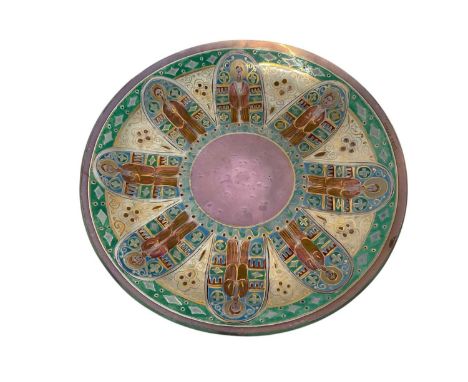 Unusual Eastern semi-translucent glass dish enamelled and gilt with apostles, 23.5cm diameter