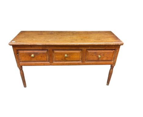 Georgian pine dresser base, having three drawers on slender front supports, 151cm wide x 52cm deep x 81cm high