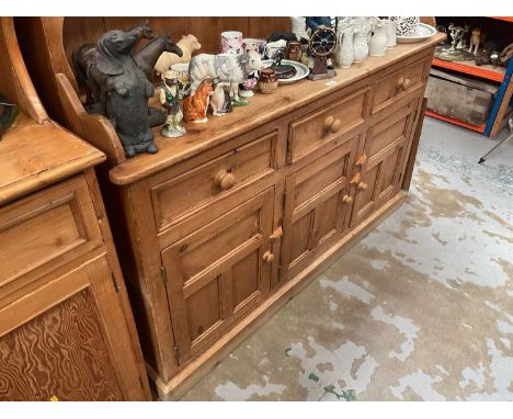 Victorian style pine two height dresser, 155.5cm wide, 45cm deep, 193cm high