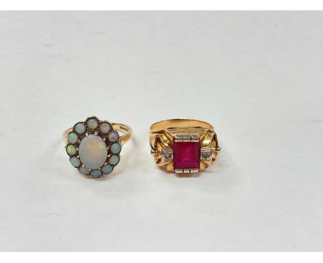9ct gold opal cluster ring, size P and yellow metal (stamped 750) Odeonesque gem set ring, size O (2)Opal ring weighs 3.7 gra
