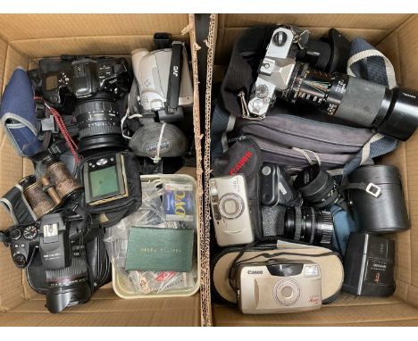 Two boxes of cameras including Fujifilm, Fujica, Minolta etc, various lenses and accessories
