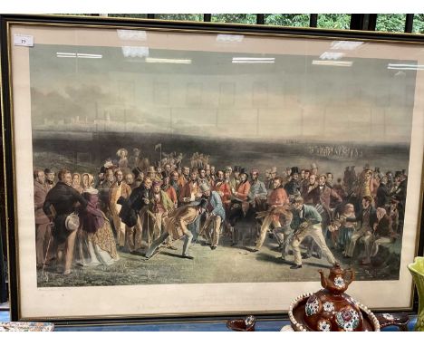 Coloured engraving of golfers, published 1850, engraved by Wagstaffe after Lees - entitled 'The Golfers - A Grand Match Playe
