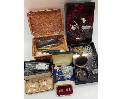 Pair 9ct gold cufflinks, other cufflinks, studs, enamelled dates, military buttons, watches and sundries Cufflinks weigh 2.3 