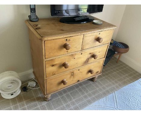 Antique pine chest of two short over two long drawers on bun feet, 82cm wide x 43cm deep x 81cm high