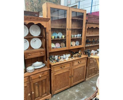 Victorian style pine two height dresser with glazed doors above, 127cm wide, 42cm deep, 226cm high
