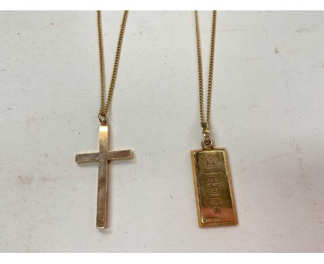 9ct gold cross pendant on 9ct gold chain and 9ct gold ingot pendant on 9ct gold chainTotal weight 18.8 grams