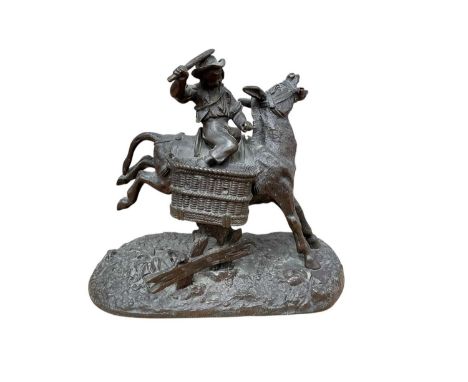 19th century bronze figural vesta holder in the form of a donkey with rider, 14cm high