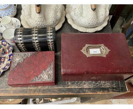 Early 20th century leather jewellery box, two other boxes
