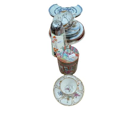 19th century Cantonese famille rose pot and cover and lot decorated china.  The Cantonese pot has a few very small chips to t