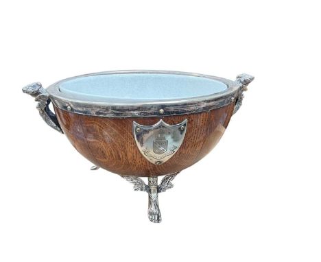 Early 20th century golden oak fruit bowl with ceramic liner and silver plated mounts.