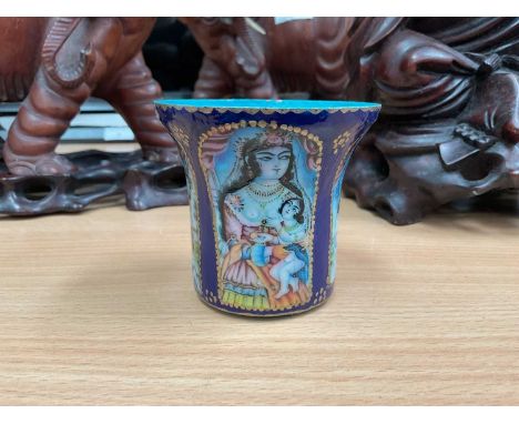 Persian polychrome-printed enamelled gilt copper Qalyan cup with mother and child portraits.