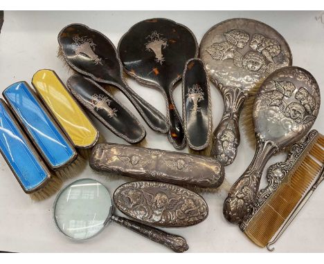 Group of silver mounted dressing table items including tortoise shell, enamel etc and silver handled magnifying glass 
