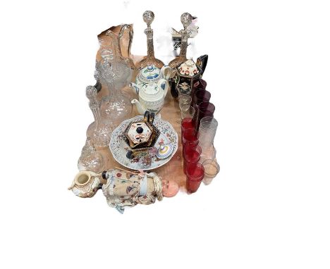Group of decanters, ruby glassware, teapots and sundries.