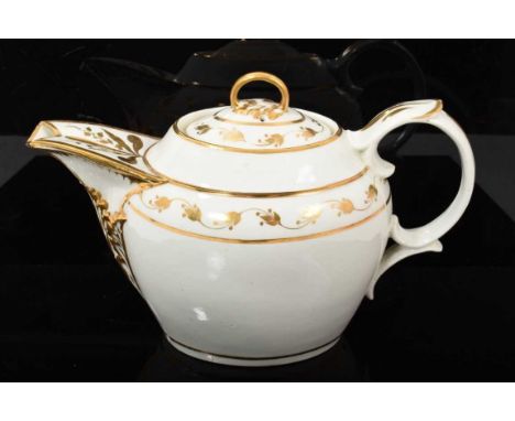 Unusual Derby Empire style teapot and cover, circa 1810, with foliate pattern in gilt, stamped mark, 26cm from spout to handl