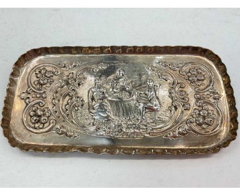 Victorian silver pen tray with embossed scroll decoration depicting figures seated at a table, 18.5cm x 9.5cm (London 1881) m