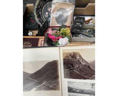 Mixed works of art including Habitat clock, photo album, paint boxes, Victorian papier mâché basket, silk flowers, toys and s