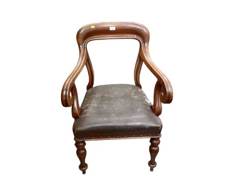 Early Victorian mahogany framed desk chair with scroll arms
