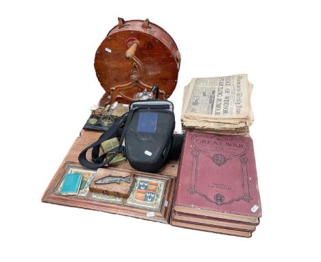 Vintage knife polishing machine, set of Edwardian postal scales, wartime newspapers and books and sundry items