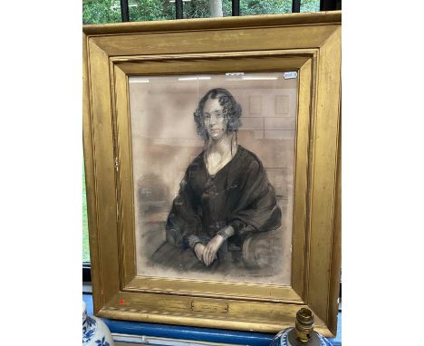 Daniel Macnee (1806-1882) charcoal portrait of a lady, named as Joanna Ewing, signed and dated 1844, in original gilt frame, 