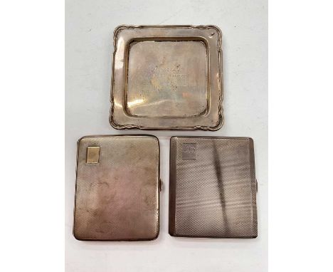 Two silver cigarette cases and a small square silver tray (3)Total weight approximaltey 350 grams.
