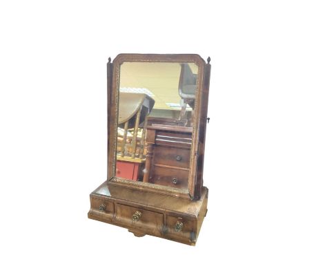 Mid 18th century walnut dressing table mirror with three drawers below, 42cm wide, 66cm high