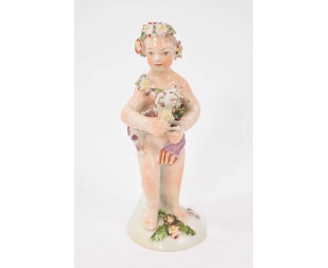 Bow figure of a putto holding a dog, circa 1760, polychrome painted, shown standing on a naturalistic base, 13.5cm highSome m