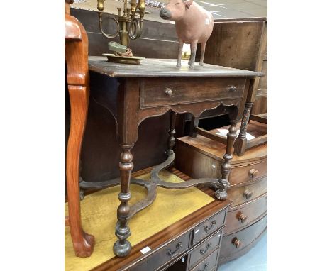 Antique oak side table with single drawer on turned supports joined by shaped stretchers, 82cm wide, 57cm deep, 72.5cm high