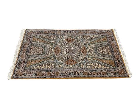 Good quality silk rug on gold and green ground, 154cm x 93cmGood condition
