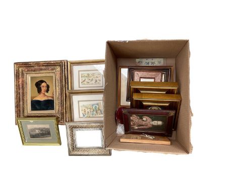 Group of pictures and prints including a oil on board portrait of a woman.