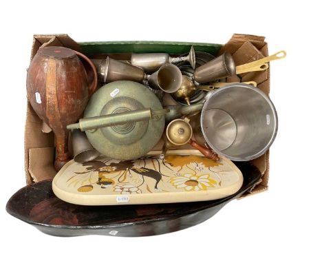 Group of mixed silver plate, copper wares including a graduated set of pans, trays and sundries (1 box).