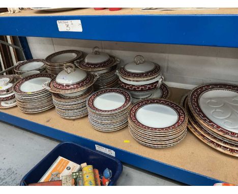 Extensive 19th century Minton Ironstone dinner service decorated with a Greek Key pattern in red and black