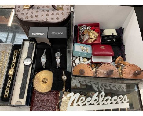 Various wristwatches, jewellery, collection of silver earrings on three display stands, empty jewellery box and other bijoute
